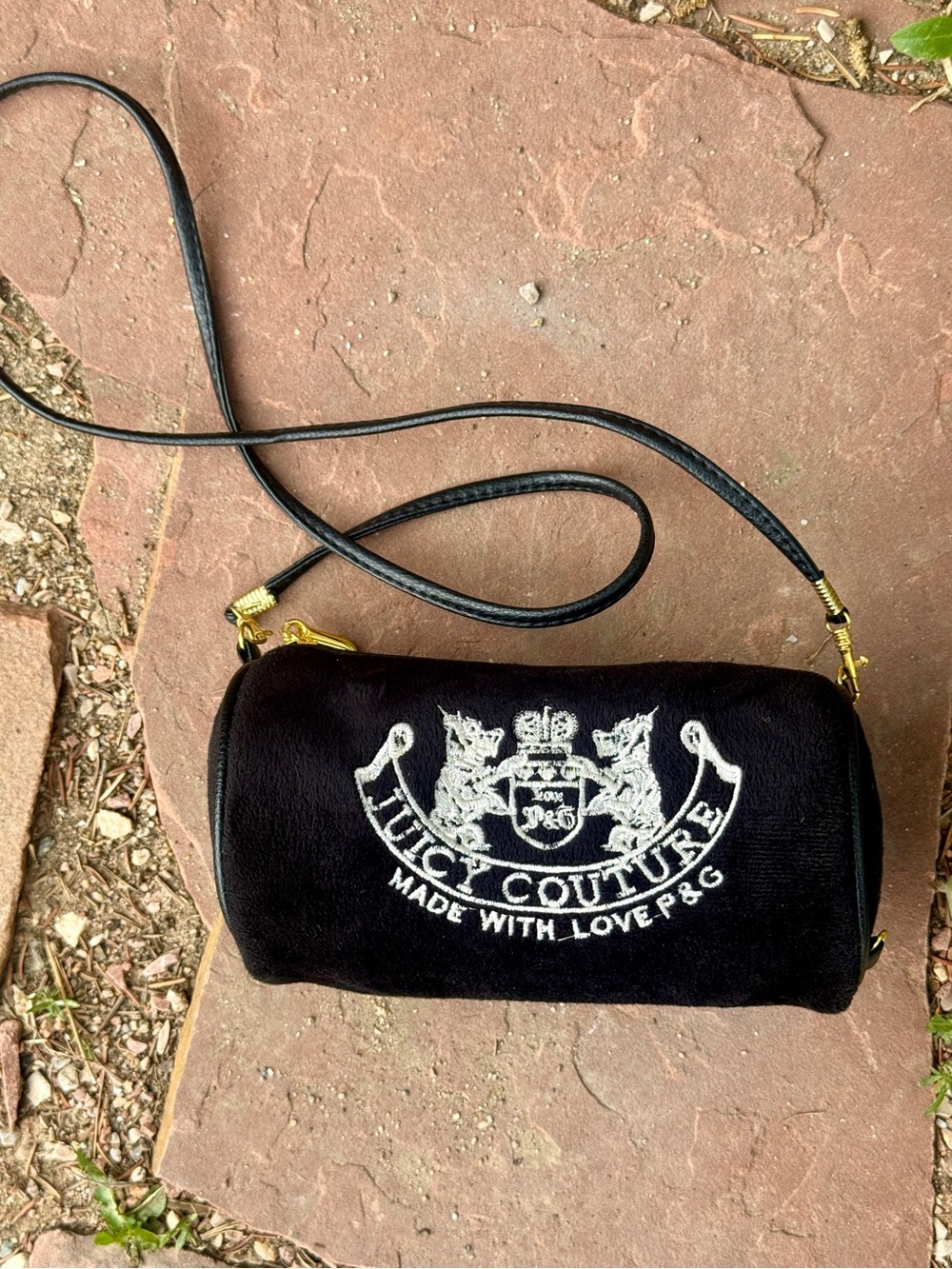 Juicy Couture Black Velvet Barrel Crossbody with White Embroidered Crest